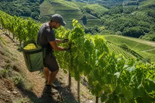 Manual harvester picking PIWI grapes on a steep summer slope with robust green vines and dramatic vineyard scenery, no wine or bottles visible.