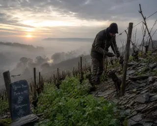 Vine grower pruning Sangiovese vines on a steep Tuscany hill at winter dawn, biodynamic rows under cloudy sky, documentary style