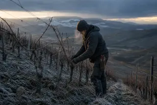 Vineyard worker pruning vines on a frosty steep slope at dawn, with bare winter vines and a cloudy sky.