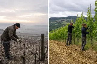 Vignerons working on distinct vine training systems in Champagne and Tuscany, highlighting trellises and vineyard landscapes